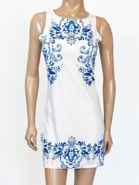 Elfin Porcelain Print Sleeveless Dress Womens Size Small Blue White Mini Summer